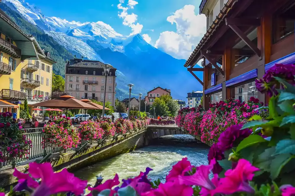 View of the Arve river and Mont-Blanc from the centre of Chamonix